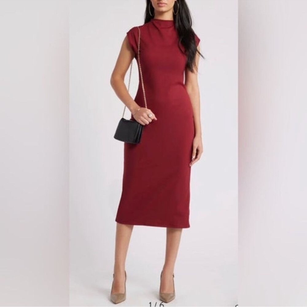 Open Edit Smooth Edit Funnel Neck Midi Dress in Red Maroon Burgundy SZ Small‎